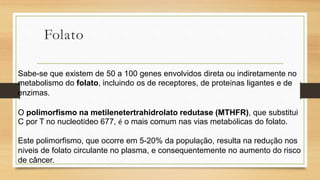 Folato
Sabe-se que existem de 50 a 100 genes envolvidos direta ou indiretamente no
metabolismo do folato, incluindo os de receptores, de proteínas ligantes e de
enzimas.
O polimorfismo na metilenetertrahidrolato redutase (MTHFR), que substitui
C por T no nucleotídeo 677, é o mais comum nas vias metabólicas do folato.
Este polimorfismo, que ocorre em 5-20% da população, resulta na redução nos
níveis de folato circulante no plasma, e consequentemente no aumento do risco
de câncer.
 