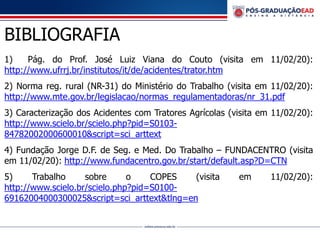 BIBLIOGRAFIA
1) Pág. do Prof. José Luiz Viana do Couto (visita em 11/02/20):
http://www.ufrrj.br/institutos/it/de/acidentes/trator.htm
2) Norma reg. rural (NR-31) do Ministério do Trabalho (visita em 11/02/20):
http://www.mte.gov.br/legislacao/normas_regulamentadoras/nr_31.pdf
3) Caracterização dos Acidentes com Tratores Agrícolas (visita em 11/02/20):
http://www.scielo.br/scielo.php?pid=S0103-
84782002000600010&script=sci_arttext
4) Fundação Jorge D.F. de Seg. e Med. Do Trabalho – FUNDACENTRO (visita
em 11/02/20): http://www.fundacentro.gov.br/start/default.asp?D=CTN
5) Trabalho sobre o COPES (visita em 11/02/20):
http://www.scielo.br/scielo.php?pid=S0100-
69162004000300025&script=sci_arttext&tlng=en
 