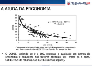 A AJUDA DA ERGONOMIA
• O COPES, variando de 0 a 100, expressa a qualidade em termos de
Ergonomia e segurança dos tratores agrícolas. Ex.: trator de 5 anos,
COPES=52; de 40 anos, COPES=13 (menos seguro).
 