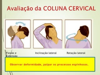 Flexão e Inclinação lateral Rotação lateral
Extensão
Observar deformidade, palpar os processos espinhosos.
 
