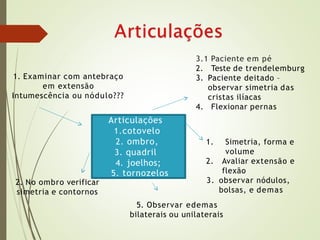 Articulações
1.cotovelo
2. ombro,
3. quadril
4. joelhos;
5. tornozelos
1. Examinar com antebraço
em extensão
Intumescência ou nódulo???
2. No ombro verificar
simetria e contornos
3.1 Paciente em pé
2. Teste de trendelemburg
3. Paciente deitado –
observar simetria das
cristas ilíacas
4. Flexionar pernas
1. Simetria, forma e
volume
2. Avaliar extensão e
flexão
3. observar nódulos,
bolsas, e demas
5. Observar edemas
bilaterais ou unilaterais
 