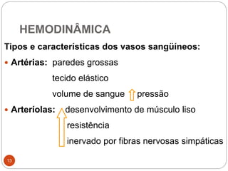 HEMODINÂMICA
13
Tipos e características dos vasos sangüíneos:
 Artérias: paredes grossas
tecido elástico
volume de sangue pressão
 Arteríolas: desenvolvimento de músculo liso
resistência
inervado por fibras nervosas simpáticas
 