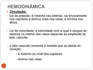 HEMODINÂMICA
14
 Circulação:
- Lei da pressão: é máxima nas artérias, cai bruscamente
nos capilares e diminui mais nas veias, é mínima nos
átrios.
- Lei da velocidade: a velocidade com a qual o sangue se
desloca no interior dos vasos depende da amplitude do
leito vascular.
- o leito vascular aumenta à medida que se afasta do
coração:
- é máximo ao nível dos capilares
- diminui nas veias
 