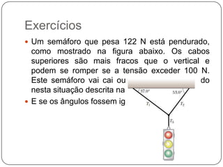 Exercícios
 Um semáforo que pesa 122 N está pendurado,

como mostrado na figura abaixo. Os cabos
superiores são mais fracos que o vertical e
podem se romper se a tensão exceder 100 N.
Este semáforo vai cai ou continuará pendurado
nesta situação descrita na figura?
 E se os ângulos fossem iguais?

 