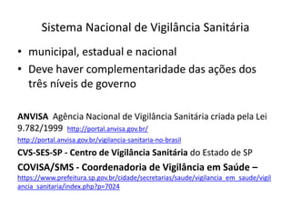 Sistema Nacional de Vigilância Sanitária
• municipal, estadual e nacional
• Deve haver complementaridade das ações dos
três níveis de governo
ANVISA Agência Nacional de Vigilância Sanitária criada pela Lei
9.782/1999 http://portal.anvisa.gov.br/
http://portal.anvisa.gov.br/vigilancia-sanitaria-no-brasil
CVS-SES-SP - Centro de Vigilância Sanitária do Estado de SP
COVISA/SMS - Coordenadoria de Vigilância em Saúde –
https://www.prefeitura.sp.gov.br/cidade/secretarias/saude/vigilancia_em_saude/vigil
ancia_sanitaria/index.php?p=7024
 