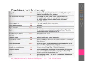 Diretrizes para homepage




                                    39
MC71404-Interface Humano-Máquina : Prof. Dra. Sílvia Dotta
 
