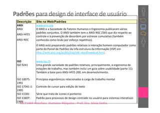 Padrões para design de interface de usuário
 Descrição      Site na Web/Padrões
 ANSI           www.ansi.org
 ANSI           O ANSI e a Sociedade de Fatores Humanos e Ergonomia publicaram vários
                padrões conjuntos. O ANSI também tem o ANSI-NSC Z365 que diz respeito ao
 ANSI-HFES
                controle e à prevenção de desordem por estresse cumulativo (também
 ANSI-NSC       conhecida como lesão por esforço repetitivo).
                O ANSI está preparando padrões relativos à interação homem-computador como
                parte do Painel de Padrões da Infa-estrutura da Informação (IISP) em
                http://web.ansi.org/public/iisp/std_need/needcat.html.

 ISO            www.iso.ch
 ISO 9241       Uma grande variedade de padrões relativos, principalmente, à ergonomia de
                estações de trabalho, mas também inclui um guia sobre usabilidade (parte 11).
                Também a base para ANSI-HFES 200, em desenvolvimento.

 ISO 10075:     Princípios ergonômicos relacionados à carga de trabalho mental
 1991
 ISO 17041-1:   Controle de cursor para edição de texto
 1995
 ISO 11581      Série que trata de ícones e ponteiros
 ISO 13407:     Padrão para processos de design centrado no usuário para sistemas interativos
 1999
   MC71404-Interface Humano-Máquina : Prof. Dra. Sílvia Dotta
 