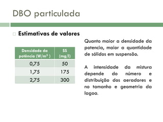 DBO particulada


Estimativas de valores
Densidade da
potência (W/m3 )

SS
(mg/l)

0,75

50

1,75
2,75

175
300

Quanto maior a densidade da
potencia, maior a quantidade
de sólidos em suspensão.
A intensidade da mistura
depende do número e
distribuição dos aeradores e
no tamanho e geometria da
lagoa.

 