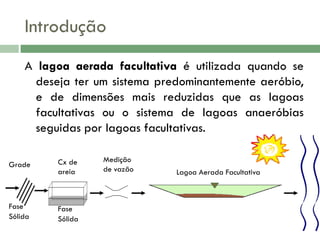 Introdução
A lagoa aerada facultativa é utilizada quando se
deseja ter um sistema predominantemente aeróbio,
e de dimensões mais reduzidas que as lagoas
facultativas ou o sistema de lagoas anaeróbias
seguidas por lagoas facultativas.
Grade

Cx de
areia

Fase
Sólida

Fase
Sólida

Medição
de vazão

Lagoa Aerada Facultativa

 