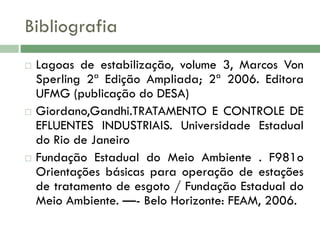 Bibliografia






Lagoas de estabilização, volume 3, Marcos Von
Sperling 2ª Edição Ampliada; 2ª 2006. Editora
UFMG (publicação do DESA)
Giordano,Gandhi.TRATAMENTO E CONTROLE DE
EFLUENTES INDUSTRIAIS. Universidade Estadual
do Rio de Janeiro
Fundação Estadual do Meio Ambiente . F981o
Orientações básicas para operação de estações
de tratamento de esgoto / Fundação Estadual do
Meio Ambiente. —- Belo Horizonte: FEAM, 2006.

 