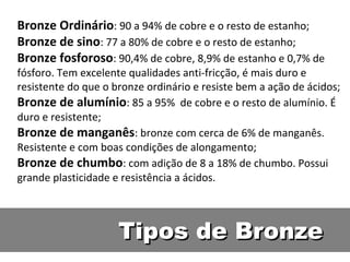 Bronze Ordinário: 90 a 94% de cobre e o resto de estanho;
Bronze de sino: 77 a 80% de cobre e o resto de estanho;
Bronze fosforoso: 90,4% de cobre, 8,9% de estanho e 0,7% de
fósforo. Tem excelente qualidades anti-fricção, é mais duro e
resistente do que o bronze ordinário e resiste bem a ação de ácidos;
Bronze de alumínio: 85 a 95% de cobre e o resto de alumínio. É
duro e resistente;
Bronze de manganês: bronze com cerca de 6% de manganês.
Resistente e com boas condições de alongamento;
Bronze de chumbo: com adição de 8 a 18% de chumbo. Possui
grande plasticidade e resistência a ácidos.



                     Tipos de Bronze
 