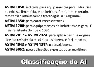 ASTM 1050: indicada para equipamentos para indústrias
químicas, alimentícias e de bebidas. Produto temperado,
tem tensão admissível de tração igual a 14 kg/mm2.
ASTM 1350: para condutores elétricos.
ASTM 1200: para equipamentos de indústrias em geral. É
mais resistente do que o 1050.
ASTM 2017 e ASTM 2024: para aplicações que exigem
elevada resistência mecânica, usinagens e forjamentos.
ASTM 4043 e ASTM 4047: para soldagens.
ASTM 5052: para aplicações expostas ao ar marítimo.


          Classificação do Al
 