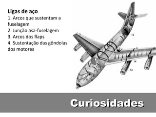 Ligas de aço
1. Arcos que sustentam a
fuselagem
2. Junção asa-fuselagem
3. Arcos dos flaps
4. Sustentação das gôndolas
dos motores




                              Curiosidades
 