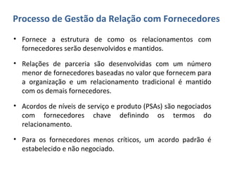 Processo de Gestão da Relação com Fornecedores
• Fornece a estrutura de como os relacionamentos com
fornecedores serão desenvolvidos e mantidos.
• Relações de parceria são desenvolvidas com um número
menor de fornecedores baseadas no valor que fornecem para
a organização e um relacionamento tradicional é mantido
com os demais fornecedores.
• Acordos de níveis de serviço e produto (PSAs) são negociados
com fornecedores chave definindo os termos do
relacionamento.
• Para os fornecedores menos críticos, um acordo padrão é
estabelecido e não negociado.
 