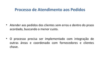 Processo de Atendimento aos Pedidos
• Atender aos pedidos dos clientes sem erros e dentro do prazo
acordado, buscando o menor custo.
• O processo precisa ser implementado com integração de
outras áreas e coordenado com fornecedores e clientes
chave.
 
