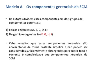 • Os autores dividem esses componentes em dois grupos de
componentes gerenciais:
1) Físicos e técnicos (A, B, C, D, E)
2) De gestão e organização (F, G, H, I)
• Cabe ressaltar que esses componentes gerenciais são
apresentados de forma bastante sintética e não podem ser
considerados suficientemente abrangentes para cobrir todo o
conjunto e complexidade dos componentes gerenciais da
SCM
Modelo A – Os componentes gerenciais da SCM
 