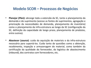 Modelo SCOR – Processos de Negócios
• Planejar (Plan): abrange toda a extensão da SC, tanto o planejamento da
demanda e do suprimento (acesso as fontes de suprimentos, agregação e
priorização da necessidades de demanda, planejamento de inventário)
como o planejamento da infra-estrutura ao longo da SC (configuração da
SC, definição da capacidade de longo prazo, planejamento de produtos,
entre outros).
• Abastecer (source): cuida da aquisição de materiais e da infra-estrutura
necessária para suportá-los. Cuida tanto de questões como a obtenção,
recebimento, inspeção e armazenagem do material, como também da
certificação da qualidade do fornecedor, da logística de abastecimento
(inbound), dos contratos com fornecedores, etc.
 
