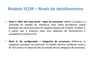 • Nível 1: Mais alto (top level) – tipos de processos: define o escopo e o
conteúdo do modelo de referência, bem como providencia ampla
definição dos cinco processos de negócios básicos do modelo. Também é
o ponto que a empresa traça seus objetivos de desempenho e
competitivos relativos à SC.
• Nível 2: De configuração – categorias de processos. Define-se as
categorias principais de processos. O modelo permite configurar tanto a
SC real como a SC ideal através da seleção dessas categorias de processos.
Modelo SCOR – Níveis de detalhamento
 