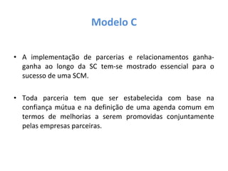 • A implementação de parcerias e relacionamentos ganha-
ganha ao longo da SC tem-se mostrado essencial para o
sucesso de uma SCM.
• Toda parceria tem que ser estabelecida com base na
confiança mútua e na definição de uma agenda comum em
termos de melhorias a serem promovidas conjuntamente
pelas empresas parceiras.
Modelo C
 