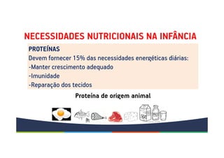 NECESSIDADES NUTRICIONAIS NA INFÂNCIA
PROTEÍNAS
Devem fornecer 15% das necessidades energéticas diárias:
-Manter crescimento adequado
-Imunidade
-Reparação dos tecidos
Proteína de origem animal
 