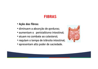 FIBRAS
• Ação das fibras:
• diminuem a absorção de gorduras;
• aumentam o peristaltismo intestinal;
• atuam no combate ao colesterol;
• regulam o tempo de trânsito intestinal;
• apresentam alto poder de saciedade.
 