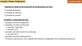 BASES PARA POMADAS CLASSIFICAÇÃO
Segundo ao modo de incorporação do medicamento na base:
 pomada suspensão
 pomada de emulsão
 pomada de solução
Segundo a composição da base:
• pomadas com base oleaginosas
• pomadas com base de absorção
 lanolina e derivados
 emulsão A/O
• pomadas com base removíveis com água
 emulsão O/A
• pomadas com base hidrossolúveis
• Pomadas propriamente ditas: quando são untuosas e preparadas com excipientes gordurosos
 