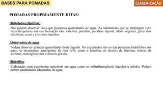 BASES PARA POMADAS CLASSIFICAÇÃO
POMADAS PROPRIAMENTE DITAS:
Hidrófobas (lipófilas):
Não podem absorver mais que pequenas quantidades de agua. As substancias que se empregam com
mais frequência em sua formação são: vaselina, parafina, parafina líquida, óleos vegetais, glicéridos
sintéticos, ceras e silicones líquidos.
Absorventes de agua:
Podem absorver grandes quantidades deste líquido. Os excipientes são os das pomadas hidrófobas aos
quais se incorporam emulgentes de tipo A/O, como a lanolina, os álcoois de lanolina, ésteres de
sorbitan, monoglicéridos e alcoois graxos.
Hidrófilas:
Elaboradas com excipientes miscíveis em agua como os polietilenoglicois líquidos e sólidos. Podem
conter quantidades adequadas de agua.
 