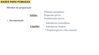 Métodos de preparação
. Diluição geométrica
. Dispersão prévia
. Solubilização prévia
 Incorporação:
Sólidos
. Substâncias termolábeis
. Substâncias fundem
* Propilenoglicol x óleo mineral
Líquidos
BASES PARA POMADAS
 