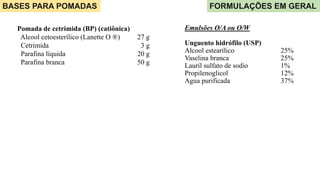 Emulsões O/A ou O/W
Unguento hidrófilo (USP)
Alcool estearílico 25%
Vaselina branca 25%
Lauríl sulfato de sodio 1%
Propilenoglicol 12%
Agua purificada 37%
BASES PARA POMADAS FORMULAÇÕES EM GERAL
Pomada de cetrimida (BP) (catiônica)
Alcool cetoesterílico (Lanette O ®) 27 g
Cetrimida 3 g
Parafina líquida 20 g
Parafina branca 50 g
 