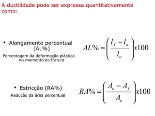 A ductilidade pode ser expressa quantitativamente
como:
100% x
l
ll
AL
o
of





 −
=
 Alongamento percentual
(AL%)
Porcentagem da deformação plástica
no momento da fratura
 Estricção (RA%)
Redução da área percentual
100% x
A
AA
RA
o
fo





 −
=
 