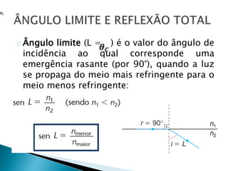 Ângulo limite (L = ) é o valor do ângulo de 
incidência ao qual corresponde uma 
emergência rasante (por 90°), quando a luz 
se propaga do meio mais refringente para o 
meio menos refringente: 
 