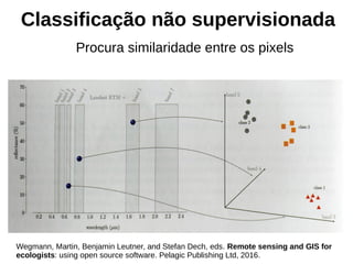 Classificação não supervisionada
Procura similaridade entre os pixels
Wegmann, Martin, Benjamin Leutner, and Stefan Dech, eds. Remote sensing and GIS for
ecologists: using open source software. Pelagic Publishing Ltd, 2016.
 