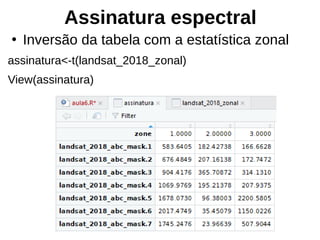 Assinatura espectral
●
Inversão da tabela com a estatística zonal
assinatura<-t(landsat_2018_zonal)
View(assinatura)
 
