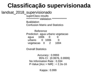 Classificação supervisionada
landsat_2018_supervisionado
superClass results
************ Validation **************
$validation
Confusion Matrix and Statistics
Reference
Prediction agua urbano vegetacao
agua 1006 0 0
urbano 0 1006 0
vegetacao 0 2 1004
Overall Statistics
Accuracy : 0.9993
95% CI : (0.9976, 0.9999)
No Information Rate : 0.334
P-Value [Acc > NIR] : < 2.2e-16
Kappa : 0.999
 