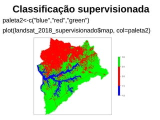 Classificação supervisionada
paleta2<-c("blue","red","green")
plot(landsat_2018_supervisionado$map, col=paleta2)
 