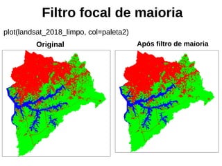 Filtro focal de maioria
plot(landsat_2018_limpo, col=paleta2)
Original Após filtro de maioria
 