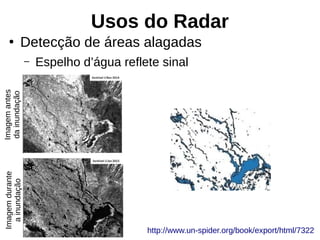 Usos do Radar
●
Detecção de áreas alagadas
– Espelho d’água reflete sinal
http://www.un-spider.org/book/export/html/7322
Imagemantes
dainundação
Imagemdurante
ainundação
 