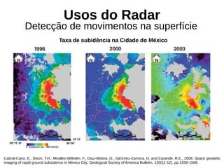 Usos do Radar
Detecção de movimentos na superfície
Cabral-Cano, E., Dixon, T.H., Miralles-Wilhelm, F., Díaz-Molina, O., Sánchez-Zamora, O. and Carande, R.E., 2008. Space geodetic
imaging of rapid ground subsidence in Mexico City. Geological Society of America Bulletin, 120(11-12), pp.1556-1566.
Taxa de subidência na Cidade do México
 