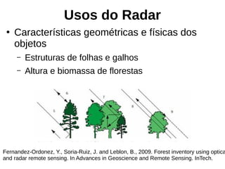Usos do Radar
●
Características geométricas e físicas dos
objetos
– Estruturas de folhas e galhos
– Altura e biomassa de florestas
Fernandez-Ordonez, Y., Soria-Ruiz, J. and Leblon, B., 2009. Forest inventory using optica
and radar remote sensing. In Advances in Geoscience and Remote Sensing. InTech.
 