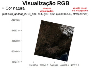 Visualização RGB
●
Cor natural
plotRGB(landsat_2018_abc, r=4, g=3, b=2, axes=TRUE, stretch="lin")
Ajuste linear
do histograma
Bandas
visualizadas
 