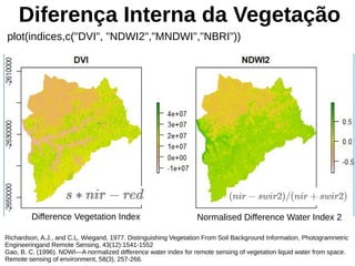Difference Vegetation Index Normalised Difference Water Index 2
Diferença Interna da Vegetação
Richardson, A.J., and C.L. Wiegand, 1977. Distinguishing Vegetation From Soil Background Information, Photogramnetric
Engineeringand Remote Sensing, 43(12):1541-1552
Gao, B. C. (1996). NDWI—A normalized difference water index for remote sensing of vegetation liquid water from space.
Remote sensing of environment, 58(3), 257-266.
plot(indices,c("DVI", "NDWI2","MNDWI","NBRI"))
 