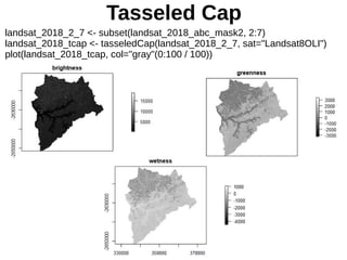 Tasseled Cap
landsat_2018_2_7 <- subset(landsat_2018_abc_mask2, 2:7)
landsat_2018_tcap <- tasseledCap(landsat_2018_2_7, sat="Landsat8OLI")
plot(landsat_2018_tcap, col="gray"(0:100 / 100))
 