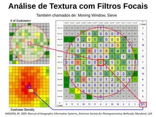 Análise de Textura com Filtros Focais
MADDEN, M. 2009. Manual of Geographic Information Systems, American Society for Photogrammetry, Bethesda, Maryland, USA 
Também chamados de: Moving Window, Sieve
 