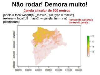 Janela circular de 500 metros
Não rodar! Demora muito!
janela = focalWeight(b8_mask2, 500, type = "circle")
textura <- focal(b8_mask2, w=janela, fun = var)
plot(textura)
Função de variância
dentro da janela
 