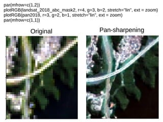 par(mfrow=c(1,2))
plotRGB(landsat_2018_abc_mask2, r=4, g=3, b=2, stretch="lin", ext = zoom)
plotRGB(pan2018, r=3, g=2, b=1, stretch="lin", ext = zoom)
par(mfrow=c(1,1))
Original Pan-sharpening
 