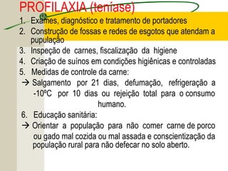 PROFILAXIA (teníase)
1. Exames, diagnóstico e tratamento de portadores
2. Construção de fossas e redes de esgotos que atendam a
pupulação
3. Inspeção de carnes, fiscalização da higiene
4. Criação de suínos em condições higiênicas e controladas
5. Medidas de controle da carne:
 Salgamento por 21 dias, defumação, refrigeração a
-10ºC por 10 dias ou rejeição total para o consumo
humano.
6. Educação sanitária:
 Orientar a população para não comer carne de porco
ou gado mal cozida ou mal assada e conscientização da
população rural para não defecar no solo aberto.
 