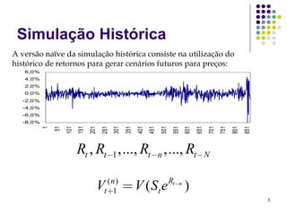 Simulação Histórica
A versão naïve da simulação histórica consiste na utilização do
histórico de retornos para gerar cenários futuros para preços:
   6,0%
   4,0%
   2,0%
   0,0%
  -2,0%
  -4,0%
  -6,0%
  -8,0%
          1
              51
                   101
                         151
                               201
                                     251
                                           301
                                                 351
                                                       401
                                                             451
                                                                   501
                                                                          551
                                                                                601
                                                                                      651
                                                                                            701
                                                                                                  751
                                                                                                        801
                                                                                                              851
                         Rt , Rt−1 ,..., Rt−n ,..., Rt−N

                                     V (n)
                                     t +1        = V ( St e              Rt−n
                                                                                )
                                                                                                                    3
 