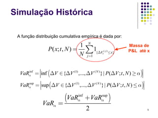 Simulação Histórica

 A função distribuição cumulativa empírica é dada por:
                                     N
                                 1
                                     ∑1
                                                              Massa de
                P ( x; t , N ) =            {ΔVt ( j ) ≤ x}   P&L até x
                                 N   j =1



  VaRα = inf (ΔV ∈ {ΔV (1) ,..., ΔV ( N ) }| P(ΔV ; t , N ) ≥ α )
     inf



  VaRα = sup (ΔV ∈ {ΔV (1) ,..., ΔV ( N ) }| P(ΔV ; t , N ) ≤ α )
     sup




                        (VaRα + VaRα )
                            inf    sup

             VaRα =
                                     2                                5
 