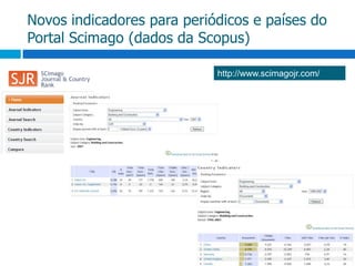 Novos indicadores para periódicos e países do Portal Scimago (dados da Scopus)http://www.scimagojr.com/