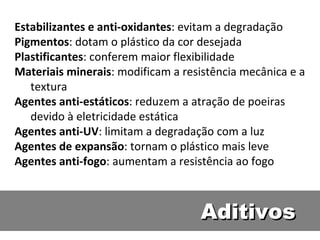 Aditivos Estabilizantes e anti-oxidantes : evitam a degradação Pigmentos : dotam o plástico da cor desejada Plastificantes : conferem maior flexibilidade Materiais minerais : modificam a resistência mecânica e a textura Agentes anti-estáticos : reduzem a atração de poeiras devido à eletricidade estática Agentes anti-UV : limitam a degradação com a luz Agentes de expansão : tornam o plástico mais leve Agentes anti-fogo : aumentam a resistência ao fogo 